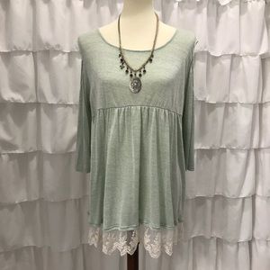 Mint Cold Shoulder Lace Trim 3/4 Sleeve Top